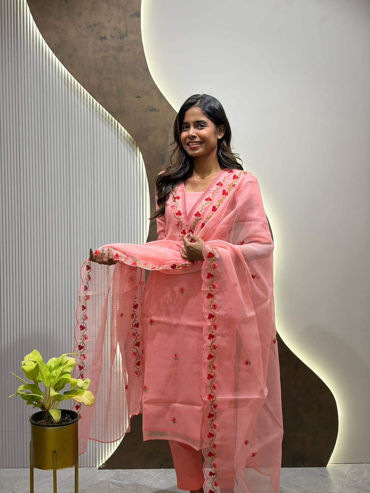 Peach Embroidery Kota Set